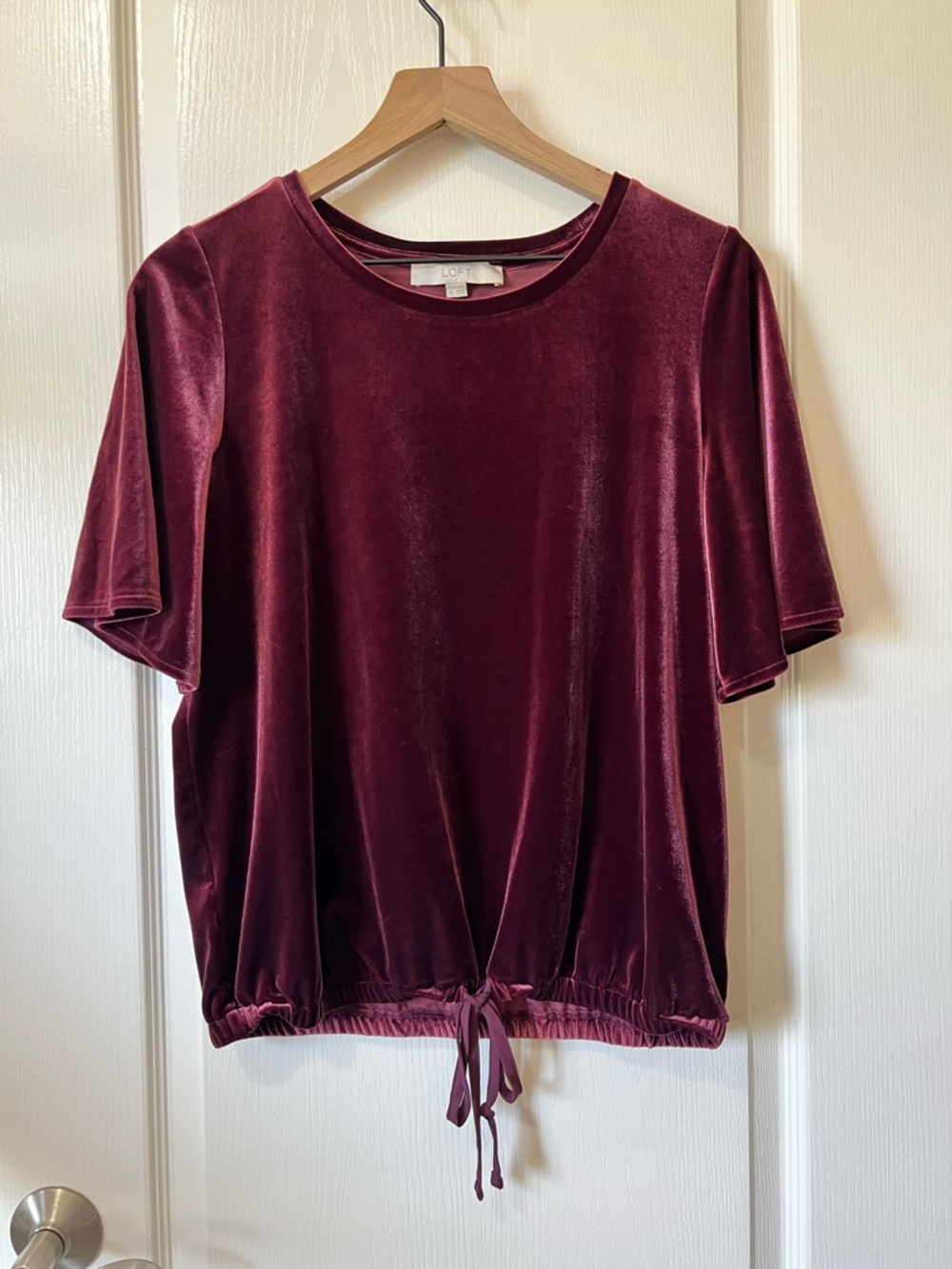 LOFT Velvet Short Sleeve Drawstring Top - Wine
